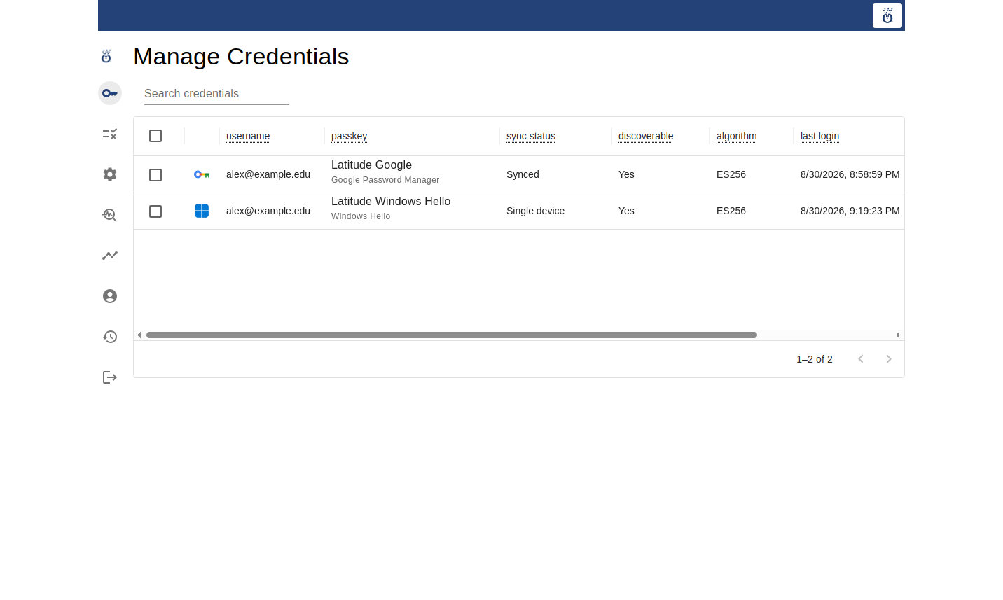 OmniPasskey Manage Credentials page showing two example passkeys with sync status, discoverability, algorithm, and last-login columns