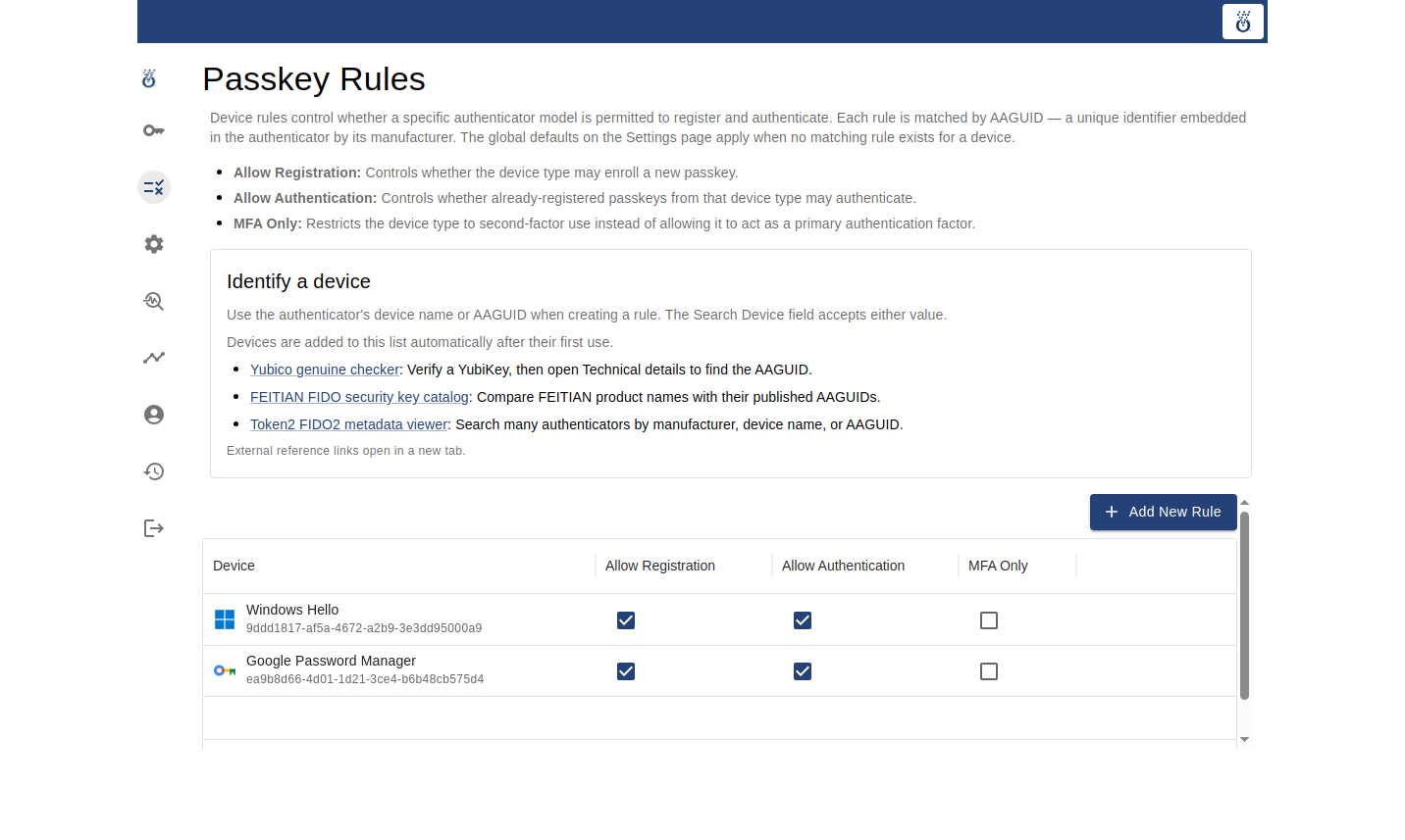 OmniPasskey Passkey Rules page showing example Windows Hello and Google Password Manager rules with Allow Registration, Allow Authentication, and MFA Only controls
