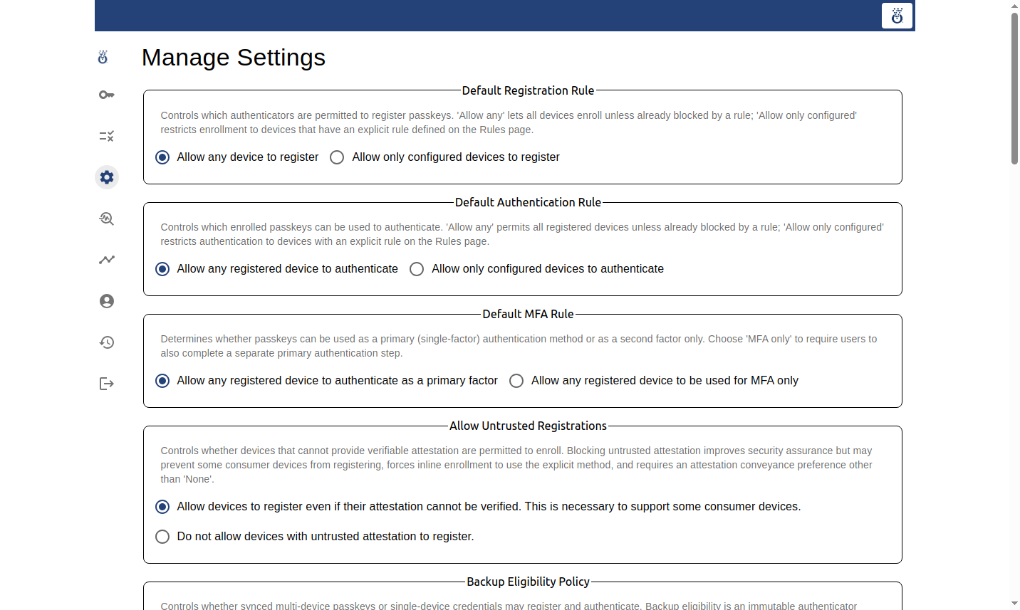 OmniPasskey Manage Settings page showing default registration, authentication, MFA, and untrusted-attestation choices